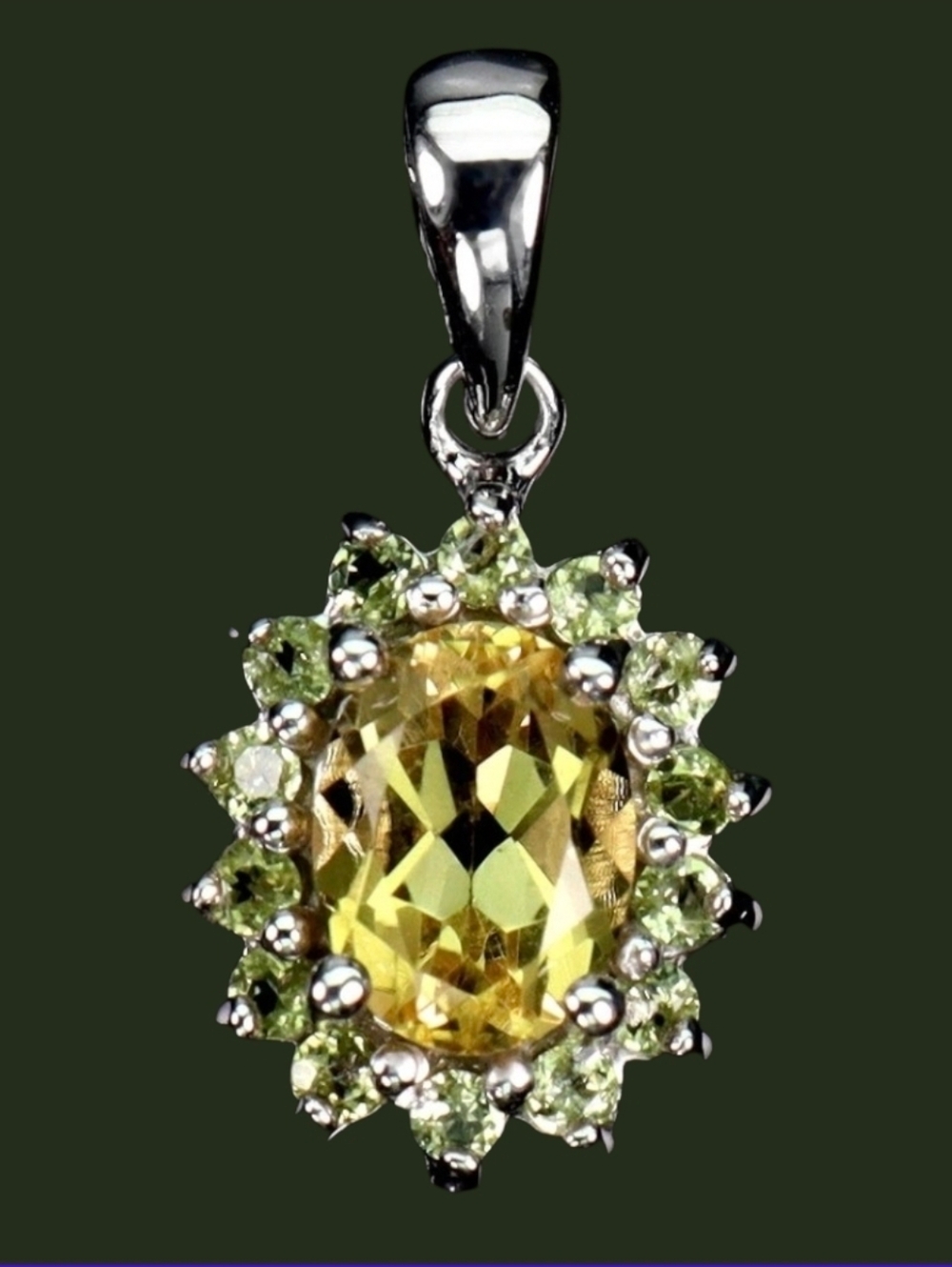 925 Sterling Silver Pendant with Natural Oval Citrine 8x6mm & Peridot Gems